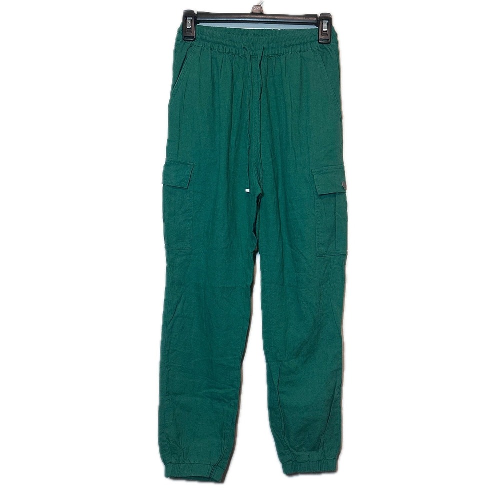 Love Tree Green Linen Blend Cargo Jogger Pants Elastic Waist Utility Size S